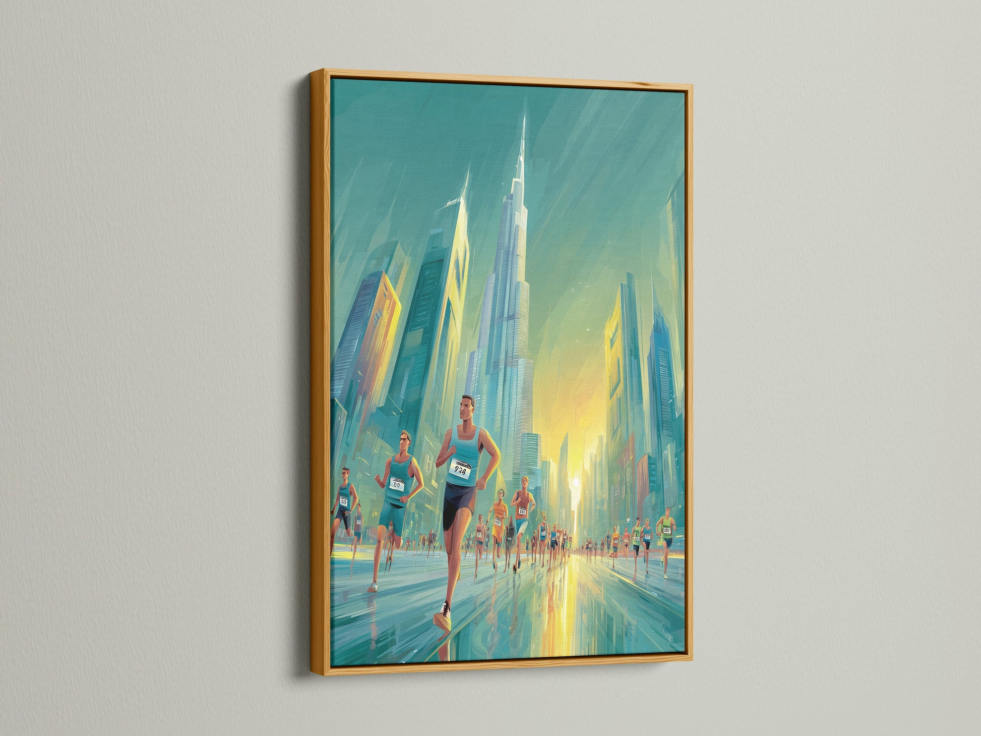 Artwork depicting a marathon race in Dubai in a gold frame. The gold frame brings a touch of luxury and elegance. It enhances the artwork's visual appeal. It adds a sophisticated touch to any room. Perfect for adding a bit of glam.