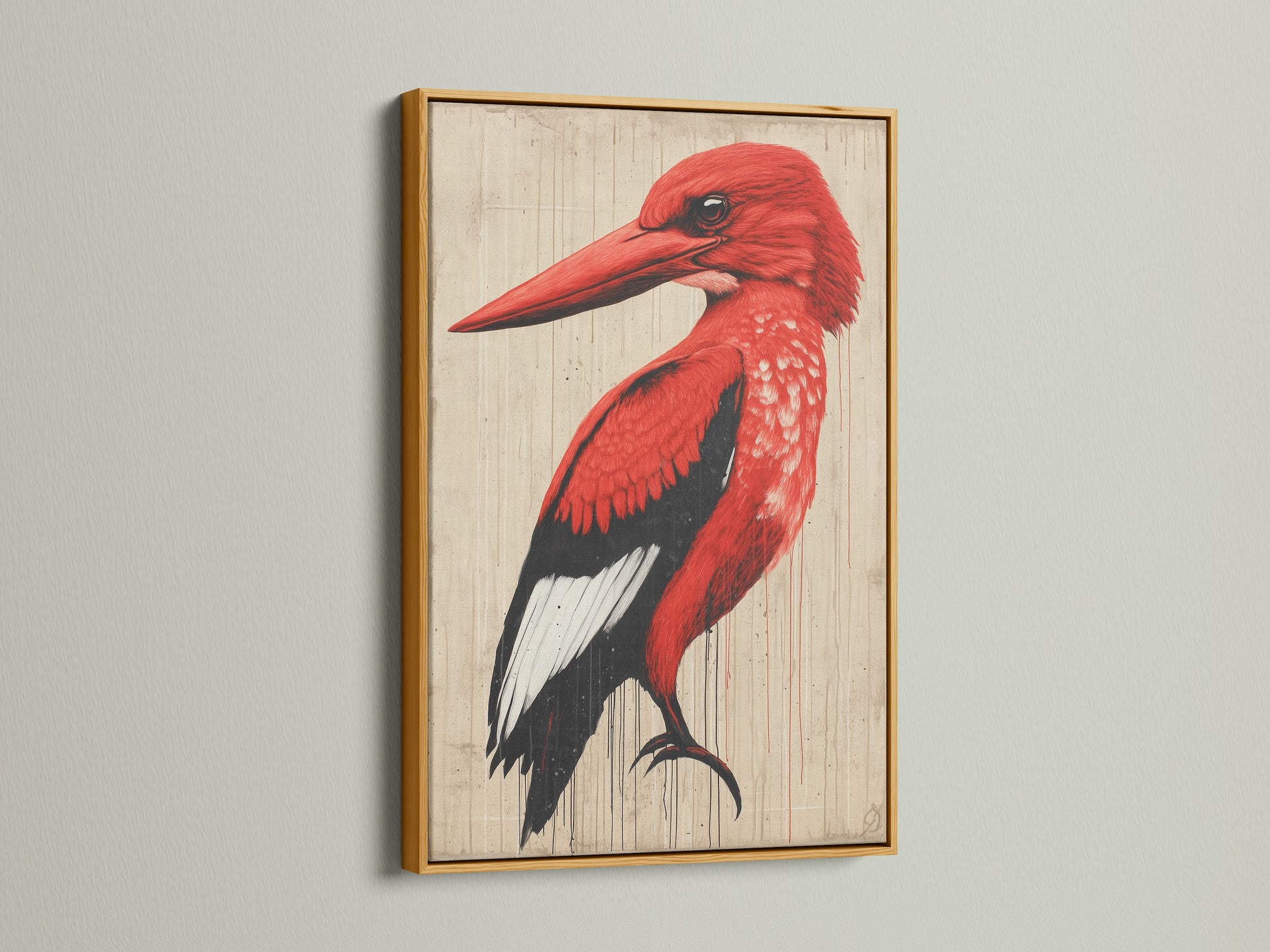 A captivating red bird artwork presented in a gold frame. The artwork adds a touch of luxury to any space. It is ideal for living rooms or offices. This piece is a great gift for art enthusiasts.