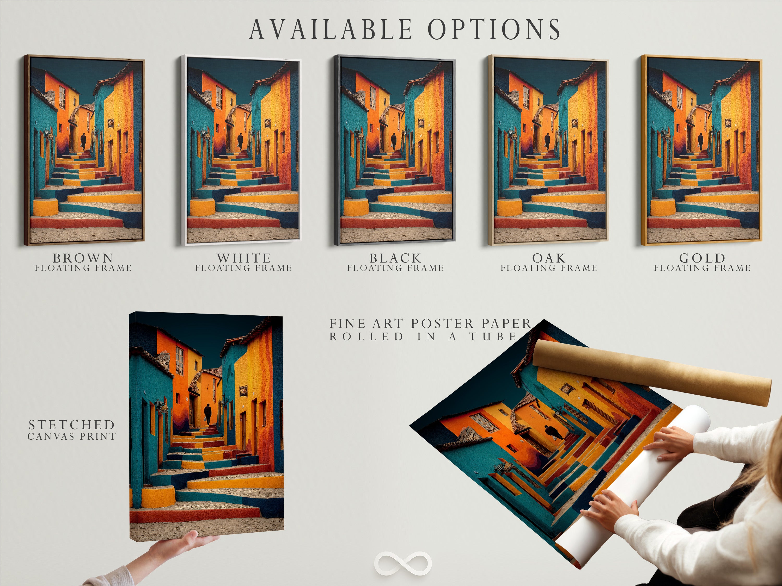 Available options for artwork displayed. Options include a stretched canvas print. Another option is fine art poster paper. A floating frame option is also displayed. Choose the best format to showcase your favorite artwork.