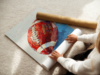 A woman is carefully rolling a fine art poster paper. The fine art poster paper ensures high quality prints. This is ideal for creating stunning sports artwork. The American football artwork is great for sports fans.