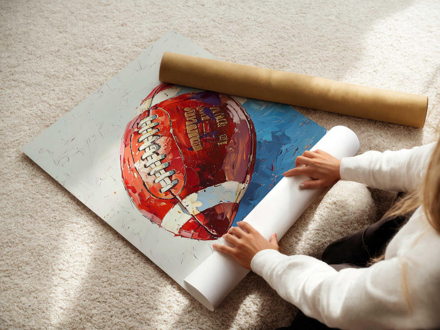 A woman is carefully rolling a fine art poster paper. This highlights the care in handling sports artwork. The poster features football art. Ideal for modern Americana decor enthusiasts.  The fine art paper ensures quality and longevity. Perfect for framing in a man cave or dorm room.  A unique sports gift option.