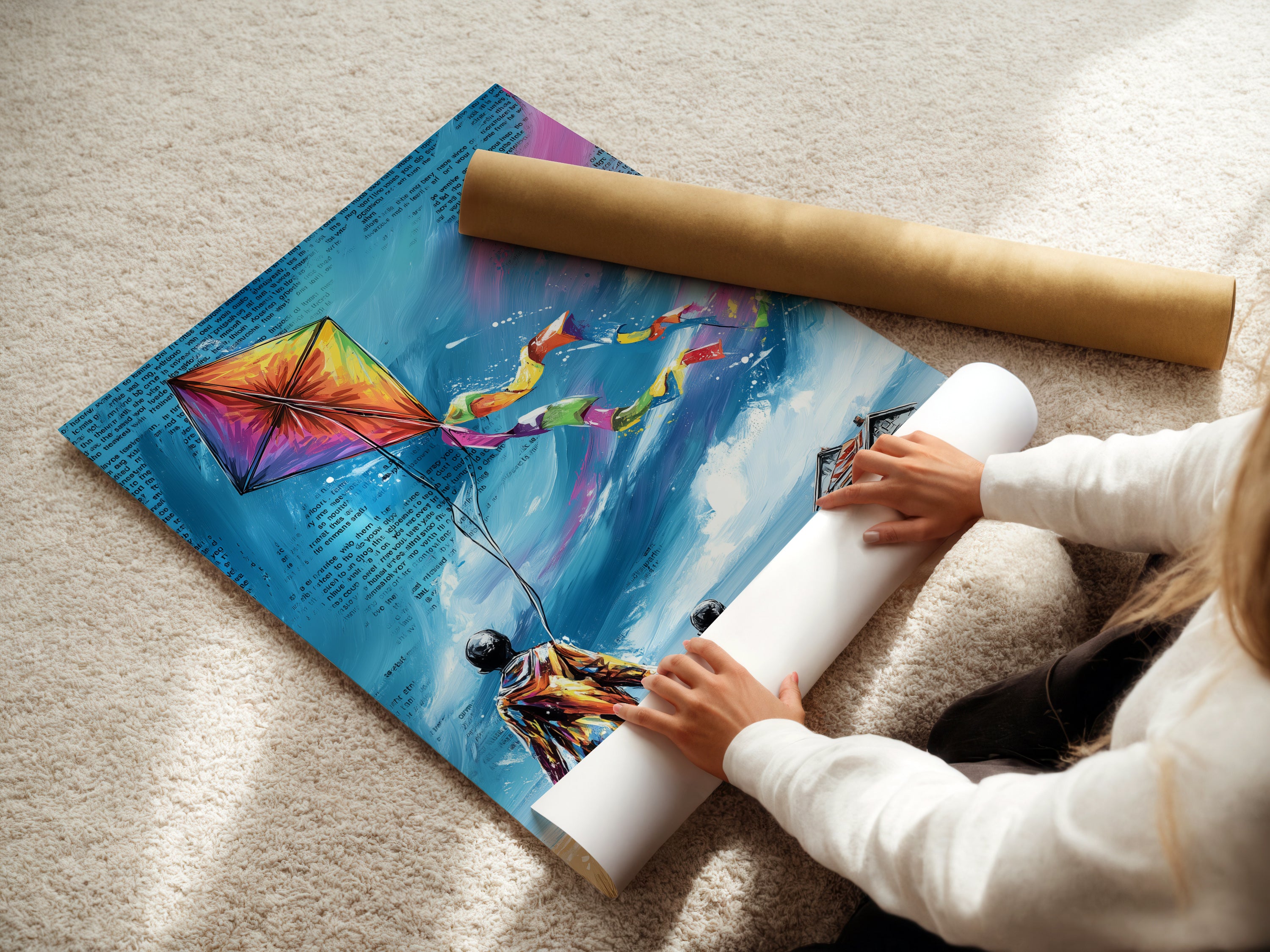 A woman carefully rolls a fine art poster paper. The quality paper ensures vibrant colors and sharp details for the kite artwork. This is ideal for those who appreciate fine art prints. The poster paper allows for versatile framing options to match your decor style.