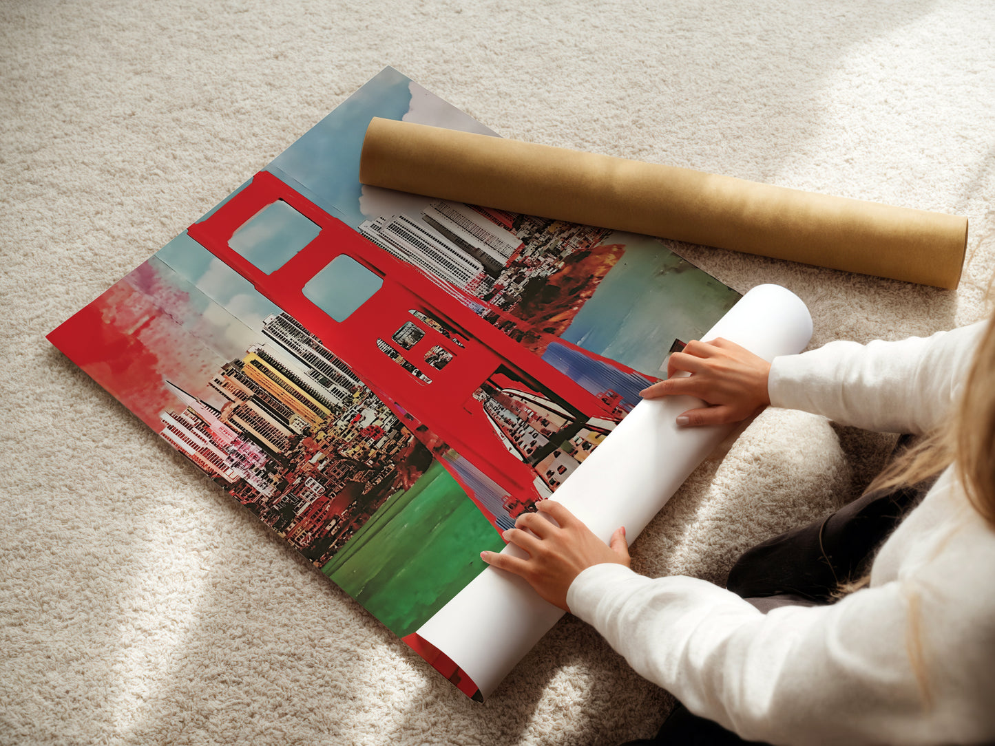 A woman is carefully rolling a fine art poster paper. She is preparing the Golden Gate Bridge artwork for display. The fine art paper ensures high-quality reproduction. Perfect for showcasing the cityscape print with clarity.