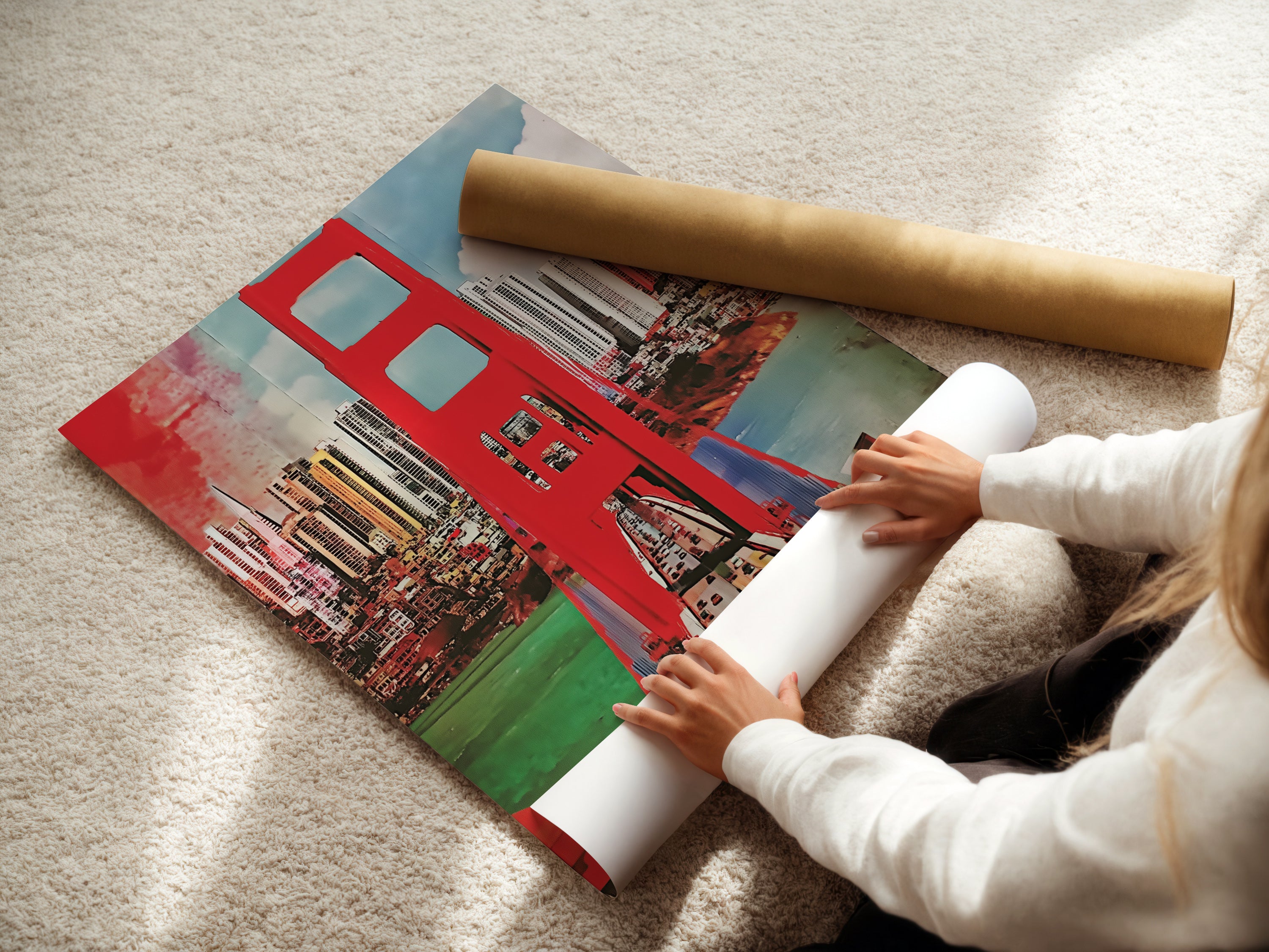 A woman is carefully rolling a fine art poster paper. She is preparing the Golden Gate Bridge artwork for display. The fine art paper ensures high-quality reproduction. Perfect for showcasing the cityscape print with clarity.
