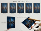 Explore available options for the Chicago skyline artwork. Choose from a stretched canvas print fine art poster paper or floating frame. Find the perfect style to complement your modern city print. Elevate your urban photography.