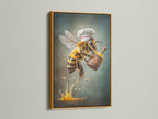 Chef Bee artwork in a gold frame. This whimsical kitchen art is a perfect addition. The honey bee chef poster adds a touch of culinary charm to your kitchen. It is perfect for dining rooms or restaurants. Explore our bee themed decor.