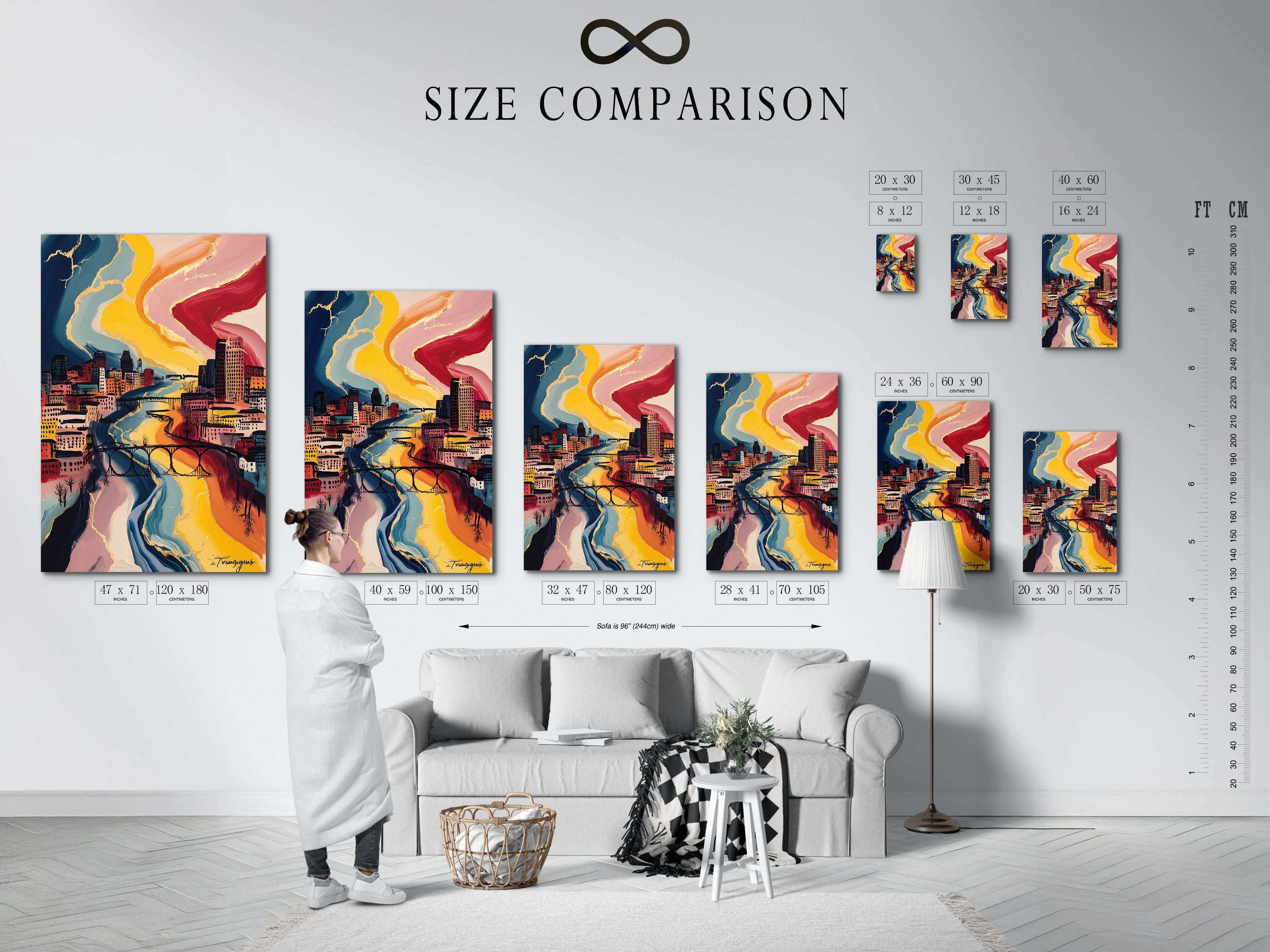 A size comparison chart in an interior setting. Visualize how our artwork fits in your space. The chart helps you choose the perfect size for your wall art. Find the ideal dimensions for your cityscape canvas print. Make confident decor decisions.