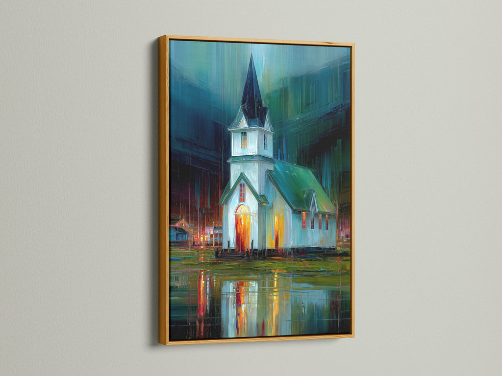 Discover the Church at Night Canvas Print in a gold frame. This spiritual art piece brings a touch of elegance to any room. The gold frame complements the teal and orange tones of the impressionist artwork. Perfect for adding a calming and vivid color print to your home or office. Explore this stunning building art print.