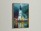 Discover the Church at Night Canvas Print in a gold frame. This spiritual art piece brings a touch of elegance to any room. The gold frame complements the teal and orange tones of the impressionist artwork. Perfect for adding a calming and vivid color print to your home or office. Explore this stunning building art print.