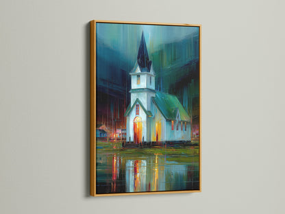 Discover the Church at Night Canvas Print in a gold frame. This spiritual art piece brings a touch of elegance to any room. The gold frame complements the teal and orange tones of the impressionist artwork. Perfect for adding a calming and vivid color print to your home or office. Explore this stunning building art print.
