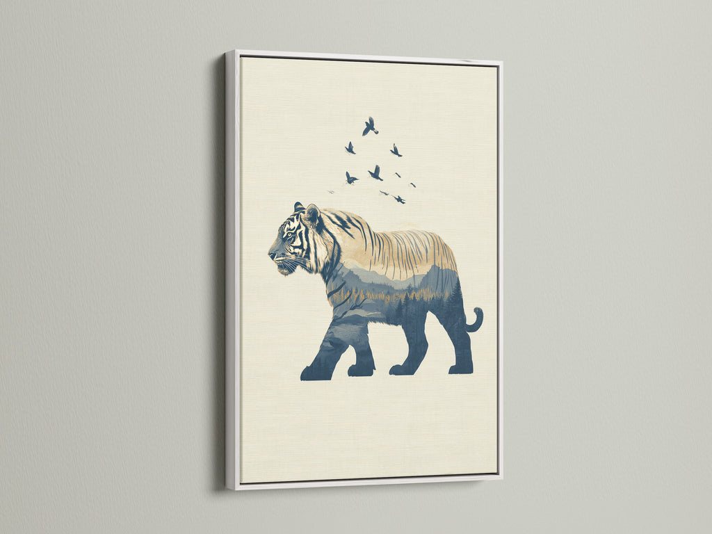 The white frame offers a clean modern look for this blue tiger artwork. The minimalist animal print stands out against the crisp white. Enhance your bedroom wall art with this contemporary piece. Bring wildlife art into your home. The neutral frame complements any decor style.