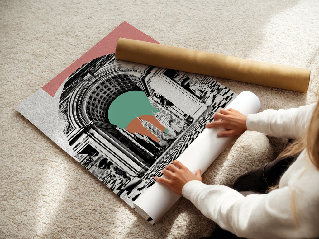 A woman carefully rolls a fine art poster paper of the New York Arch. This high-quality poster captures the essence of the cityscape print. Perfect for framing or displaying as is. Explore fine art poster options for your decor