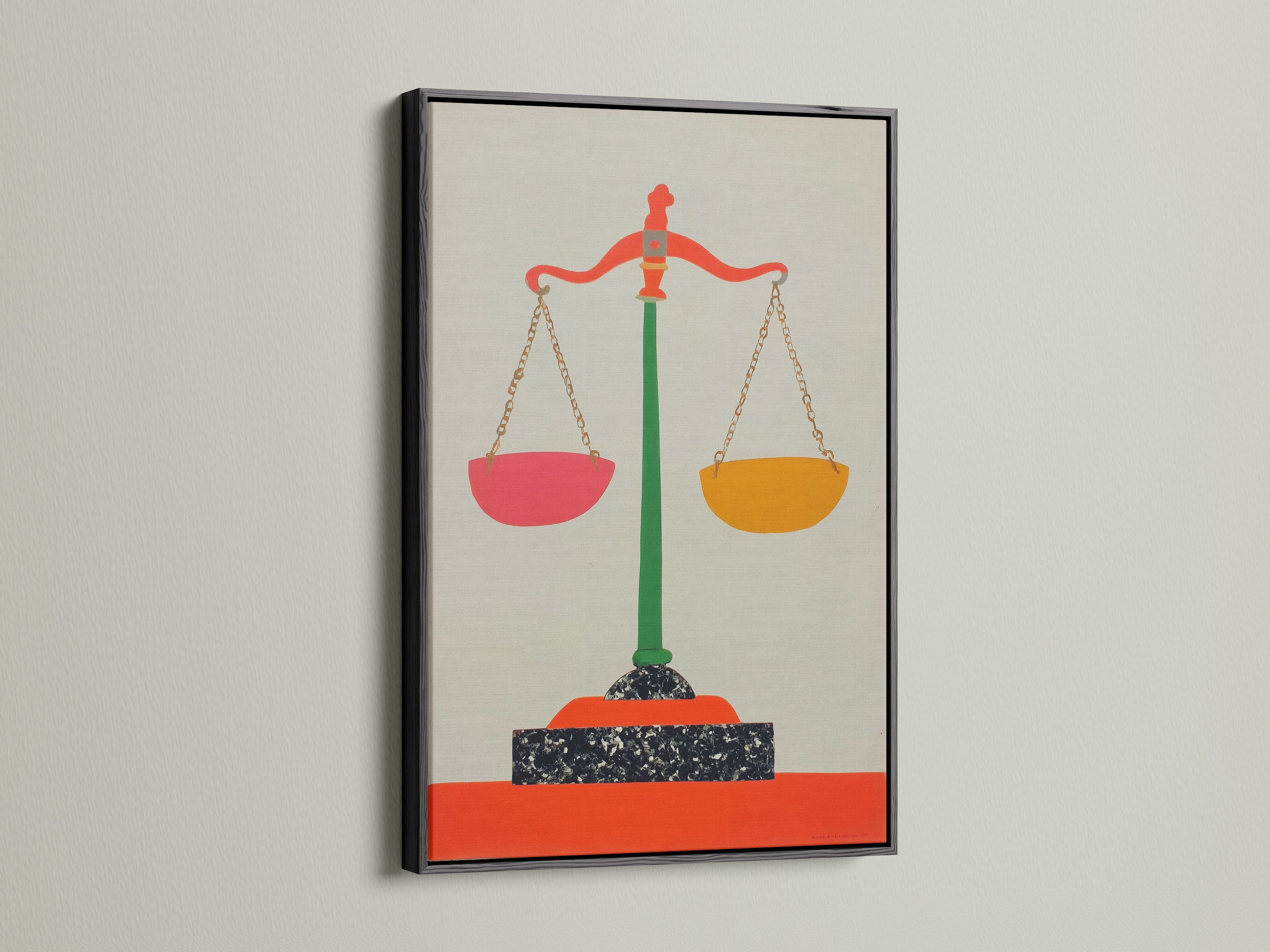 Justice Scales art in a black frame. The black frame adds a bold and classic touch. This justice artwork is ideal for office wall decor. It brings a sense of balance and style to the room.