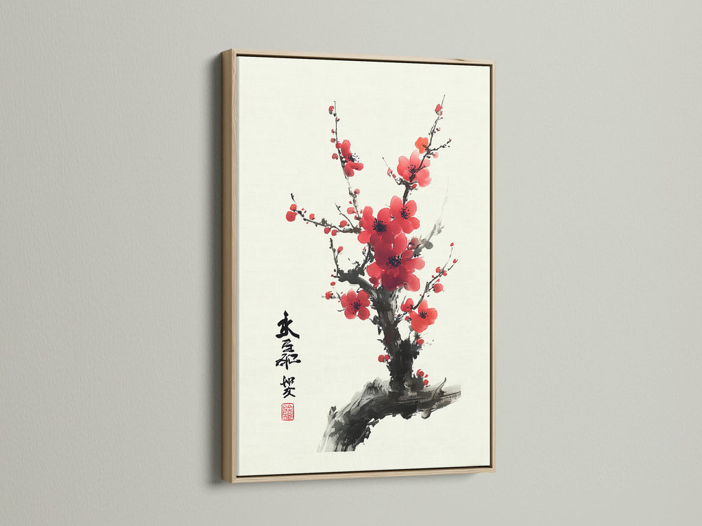 Artwork with an oak frame. The artwork is hung on a white wall. The oak frame provides a natural and warm aesthetic. It enhances the artwork's visual appeal. A beautiful cherry blossom artwork is within the frame.
