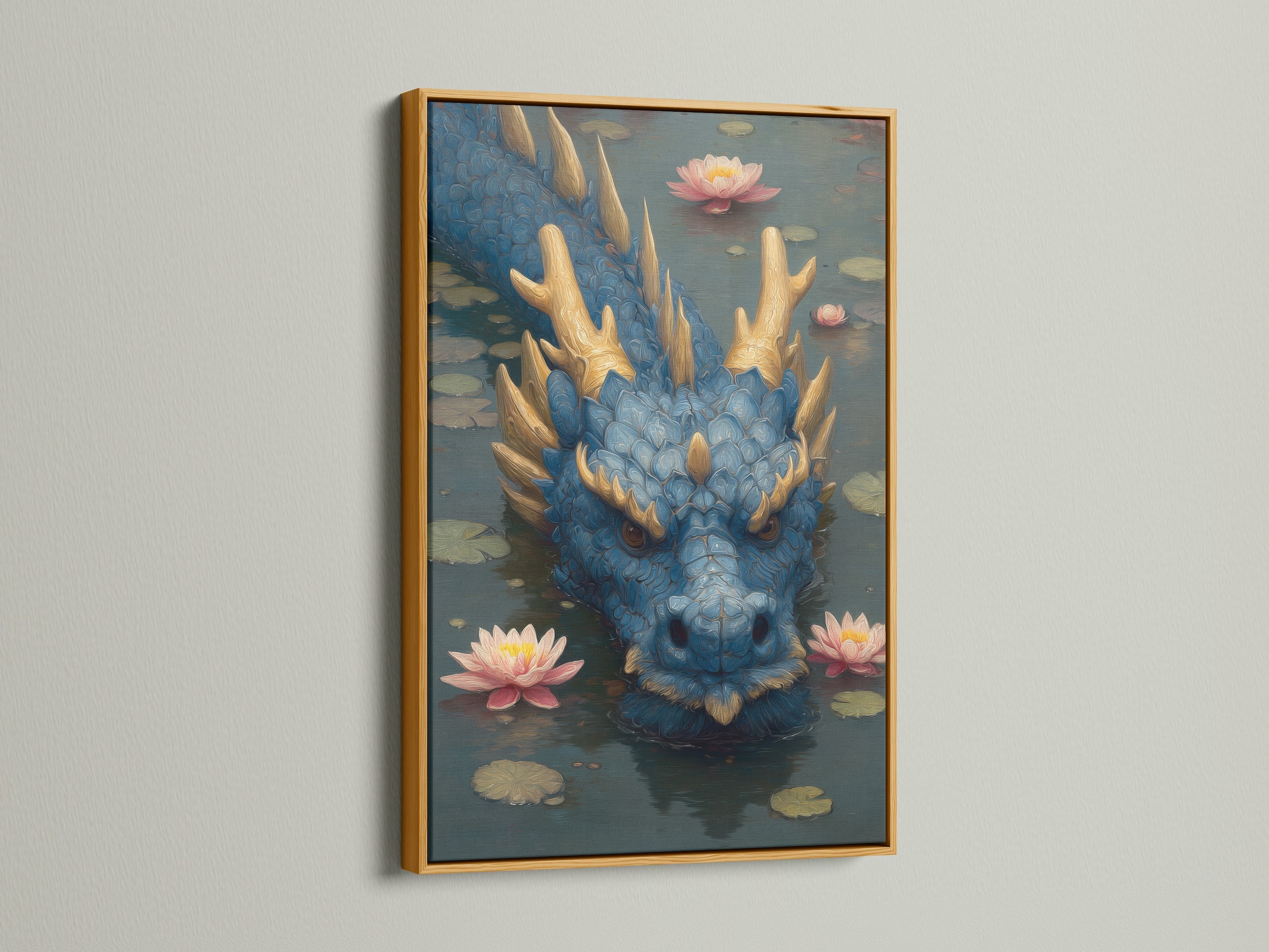 A blue dragon artwork is displayed in a luxurious gold frame. Pink lotus flowers surround the dragon in the pond scene. The gold frame enhances the art's richness. Transform your space with our exquisite framed art.