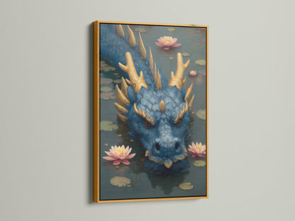 A blue dragon artwork is displayed in a luxurious gold frame. Pink lotus flowers surround the dragon in the pond scene. The gold frame enhances the art's richness. Transform your space with our exquisite framed art.