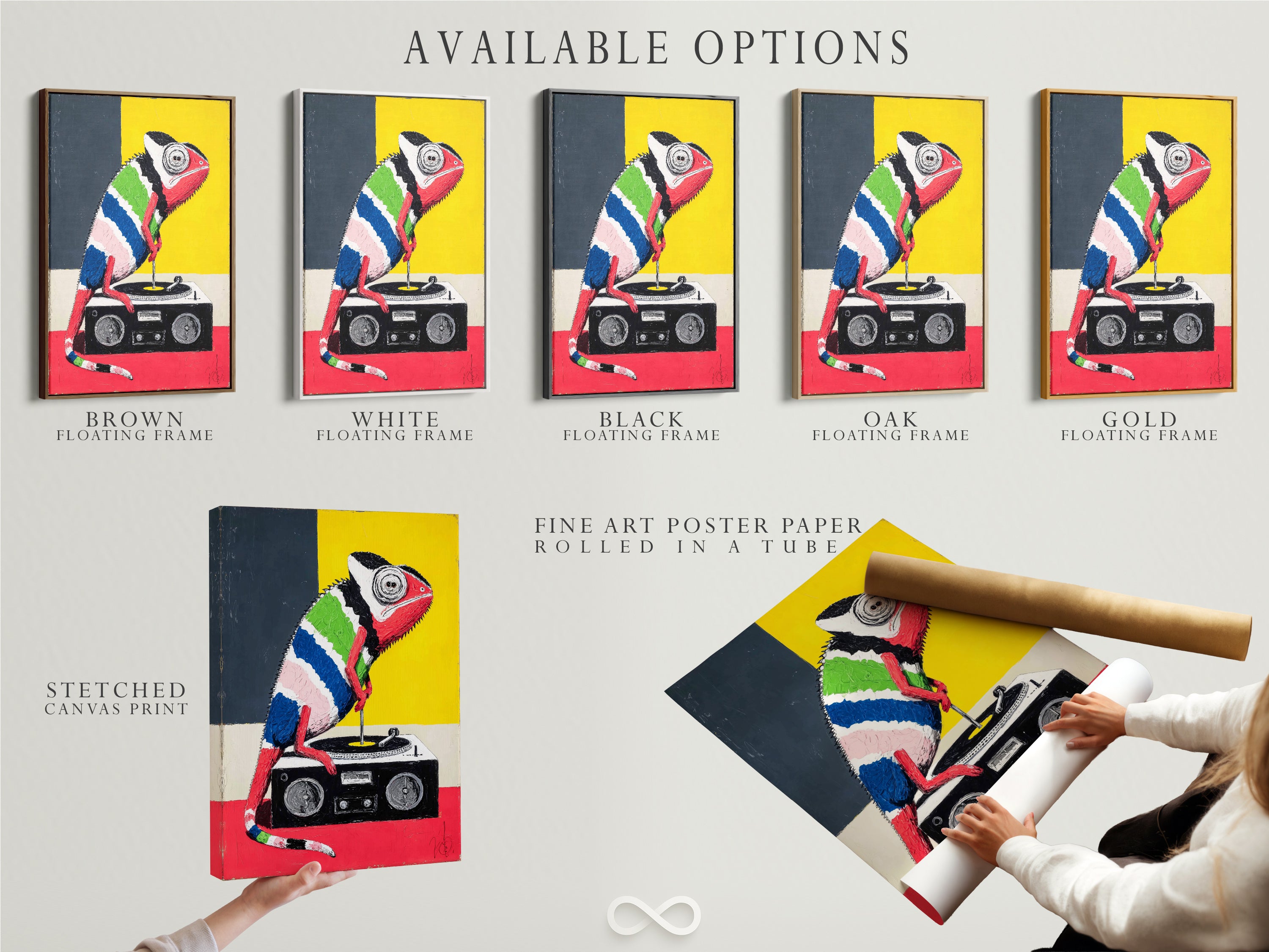 Explore available options for the colorful chameleon art. Choose between stretched canvas print fine art poster paper or floating frame. Customize your artwork to match your style.