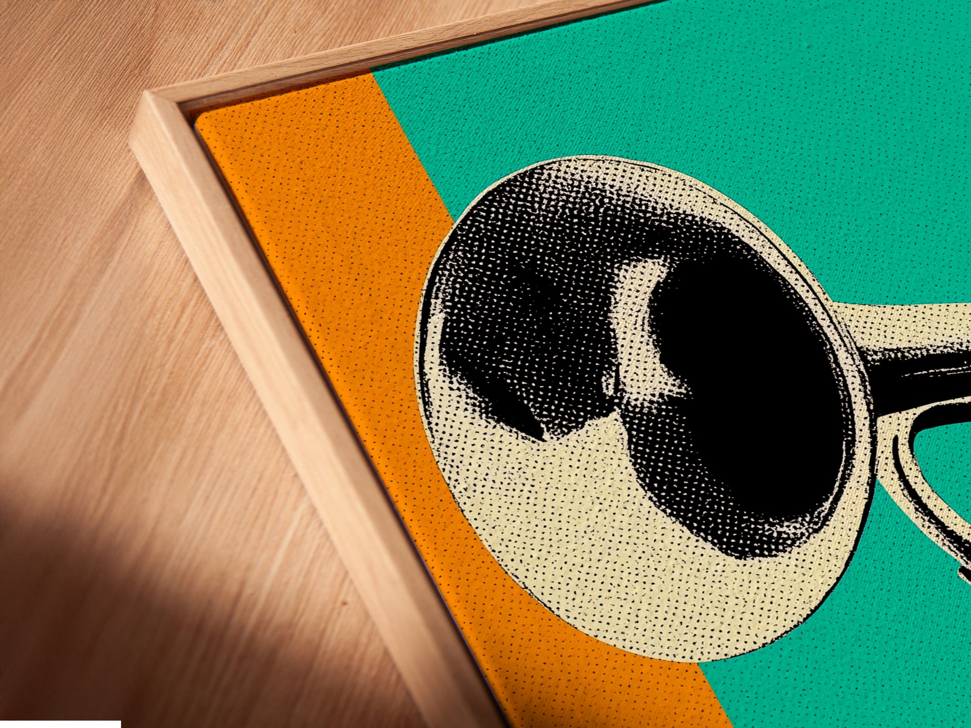 A close-up view of a canvas print in a floating frame. The jazz trumpet artwork appears to hover. This creates a sophisticated display. The floating frame enhances the art. Perfect for modern interiors. This is a unique gift for musicians and art enthusiasts alike. Explore now.