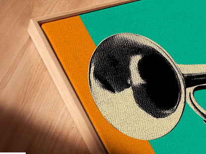 A close-up view of a canvas print in a floating frame. The jazz trumpet artwork appears to hover. This creates a sophisticated display. The floating frame enhances the art. Perfect for modern interiors. This is a unique gift for musicians and art enthusiasts alike. Explore now.