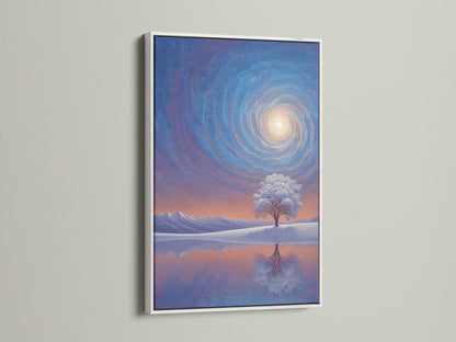 A white frame highlights a vibrant art print. The clean white finish accentuates the artwork's colors. It brings a modern touch to any space. Ideal for showcasing contemporary art and photography. This frame provides a fresh and stylish look for your favorite pieces.