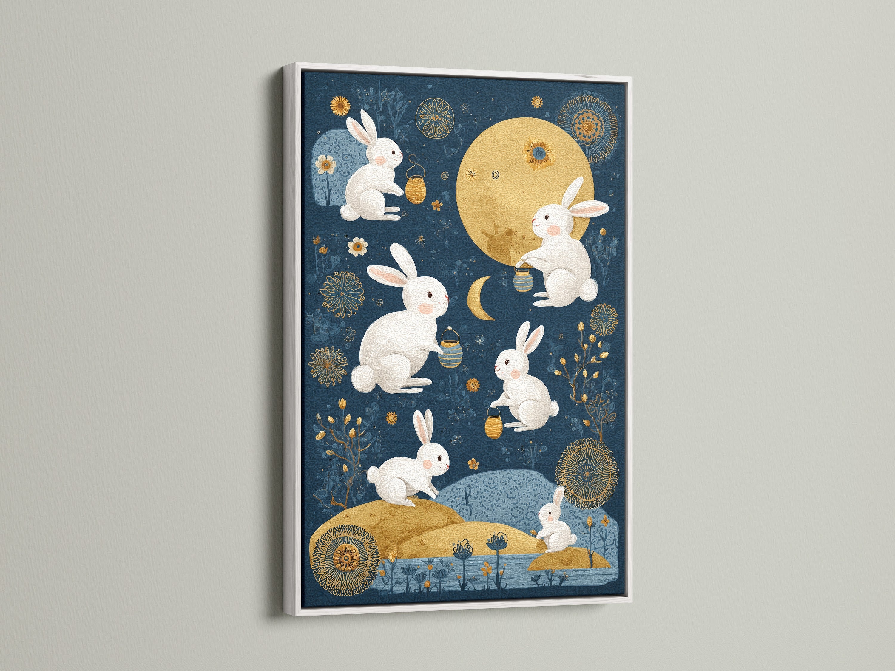 This artwork is beautifully presented in a white frame. The clean white border offers a modern aesthetic. It allows the art to truly stand out. See how a white frame provides a fresh look.