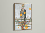 Abstract figures art displayed in an oak frame. The contemporary canvas features human silhouettes and an orange circle. Ideal modern wall art for office decor. This reflection print brings a touch of geometric abstract to any room. Enhance your space with this unique piece.