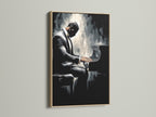 A close up of a framed piano player artwork. The frame is oak. This black and white music poster is ideal for office wall decor. Enhance your space with this musician canvas art. This contemporary artwork is a perfect fit.