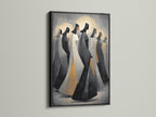 Abstract Hooded Figures displayed in a black frame. This spiritual wall art is a contemporary print. It can enhance studios lobbies clinics boutiques and boardrooms. A great selection for your home.