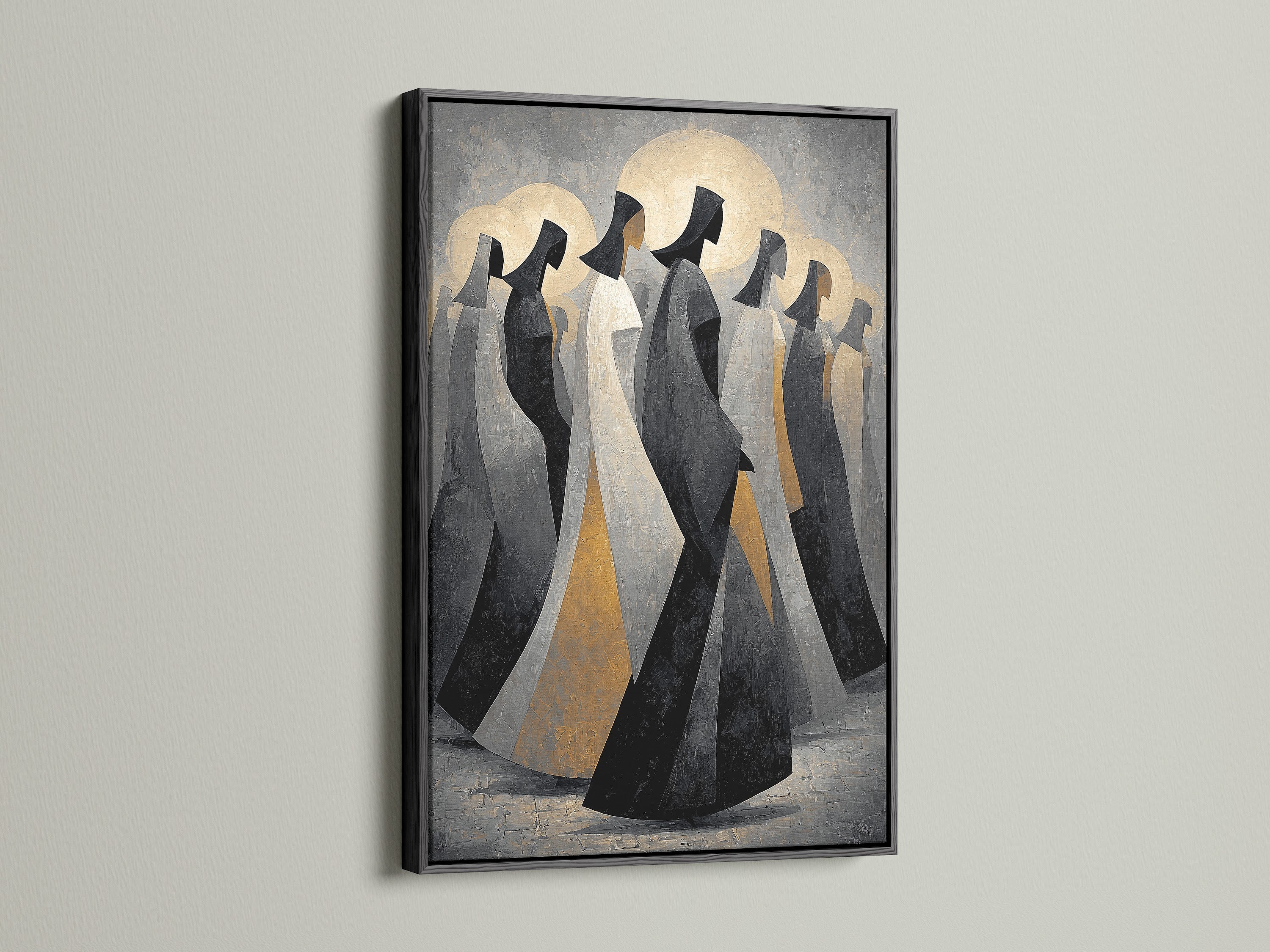 Abstract Hooded Figures displayed in a black frame. This spiritual wall art is a contemporary print. It can enhance studios lobbies clinics boutiques and boardrooms. A great selection for your home.