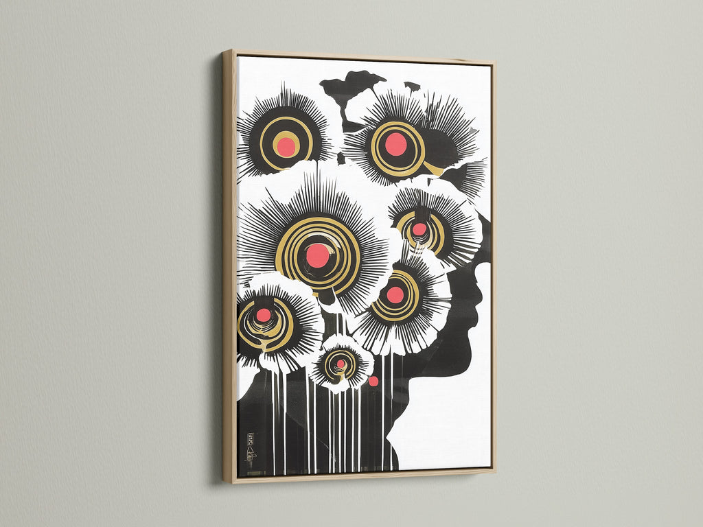An oak frame showcases a striking abstract floral canvas print. The artwork's black white and gold accents create a modern botanical wall art piece. Ideal for adding a contemporary touch to living rooms entryways or office spaces for a minimalist decor.