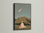 Shooting Star Canvas Print with a black frame. This celestial wall art is perfect for your home. It shows a seeker in a spiritual landscape. The print adds a zen touch to any room. This art is ideal for meditation decor. It offers a cosmic view and peaceful inspiration.