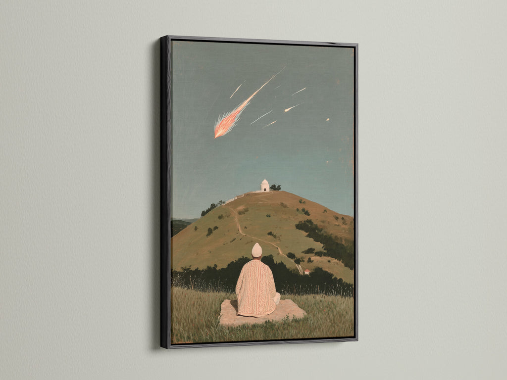 The Shooting Star canvas print is displayed in a sleek black frame. This spiritual artwork brings a sense of calm and wonder.  The print features a person meditating on a hill under a shooting star. Black frame contrasts beautifully with the artwork.