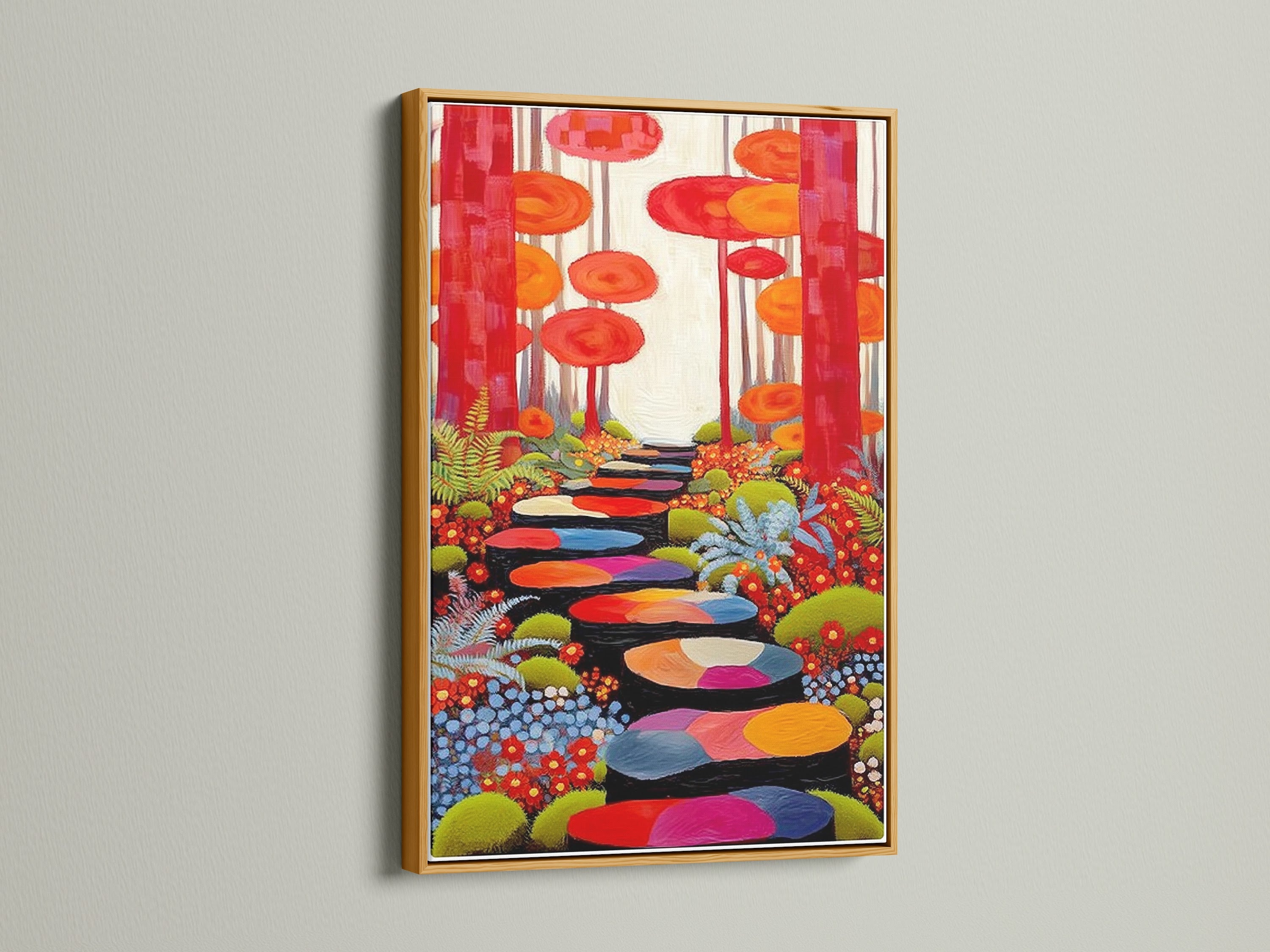 See the Enchanted Forest canvas print with a gold frame. The gold frame brings a touch of elegance. This colorful trees art is ideal for eclectic decor. The nature print shines with the warm gold tones. Add a luxurious feel to your home with this vibrant artwork. This gold frame is a great choice.