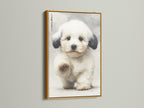 This gold frame showcases an adorable puppy canvas print. The cute puppy poster adds a touch of elegance to your space. It is ideal for living room art or kids room decor. This pet portrait print will complement minimalist and Scandinavian styles. A perfect gift for dog lovers and animal art enthusiasts.