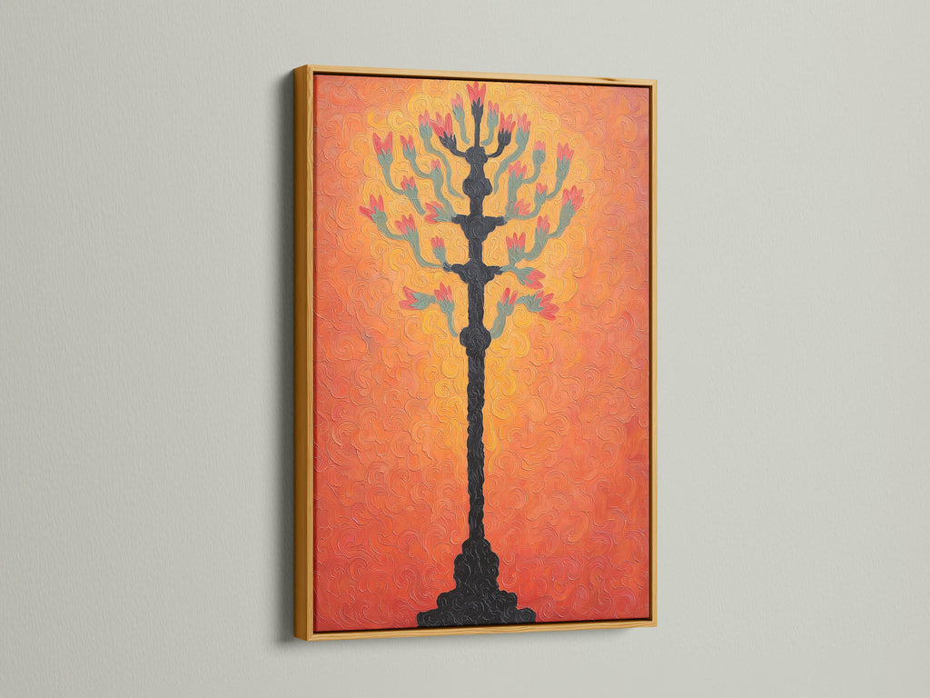Botanical tree art print with a textured coral wall art background displayed within a gold frame. The gold frame adds a touch of elegance to any space. This artwork is perfect for modern home art. Spruce up your walls today.