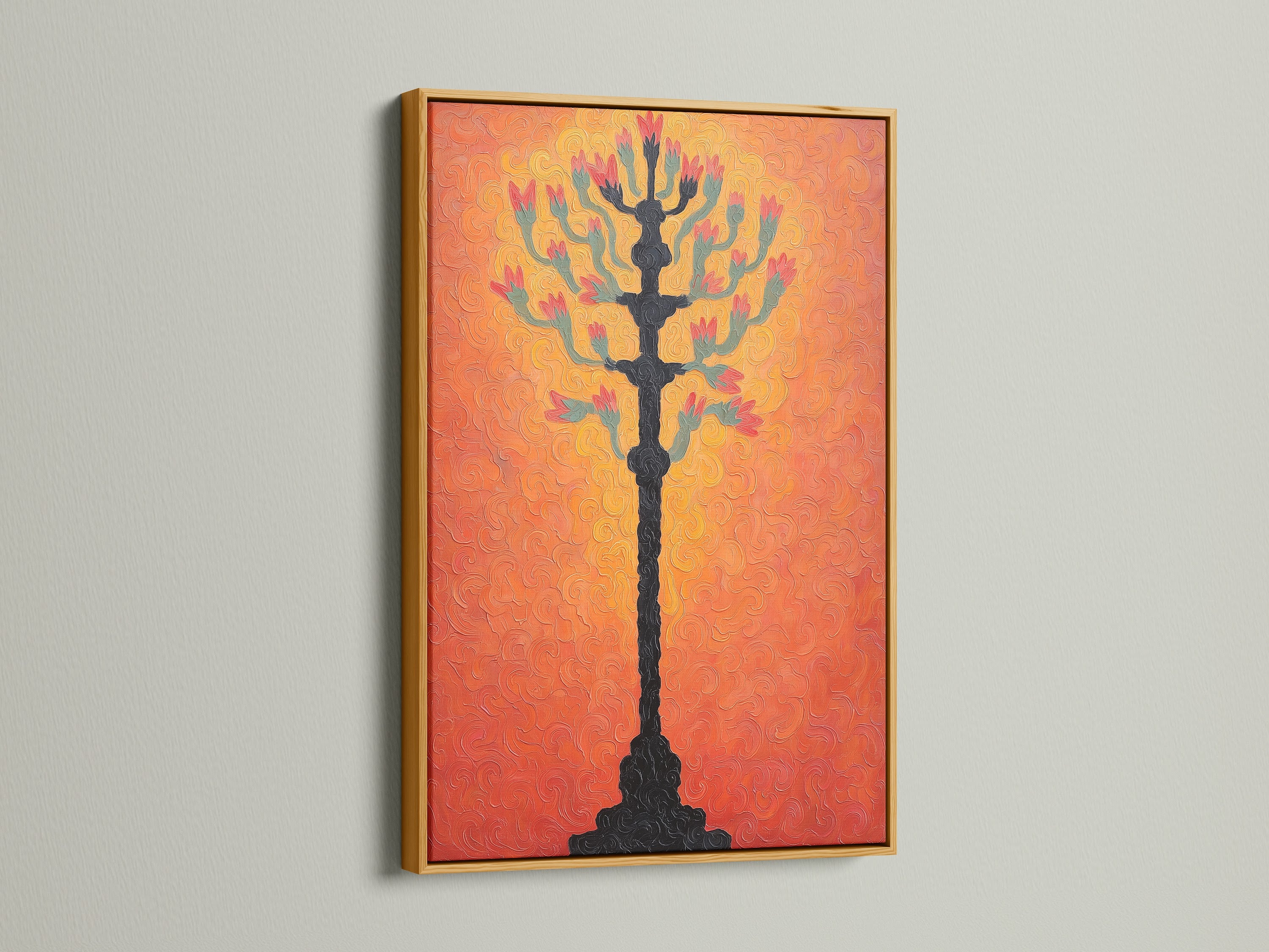 Botanical tree art print with a textured coral wall art background displayed within a gold frame. The gold frame adds a touch of elegance to any space. This artwork is perfect for modern home art. Spruce up your walls today.