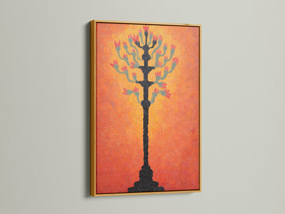 Botanical tree art print with a textured coral wall art background displayed within a gold frame. The gold frame adds a touch of elegance to any space. This artwork is perfect for modern home art. Spruce up your walls today.