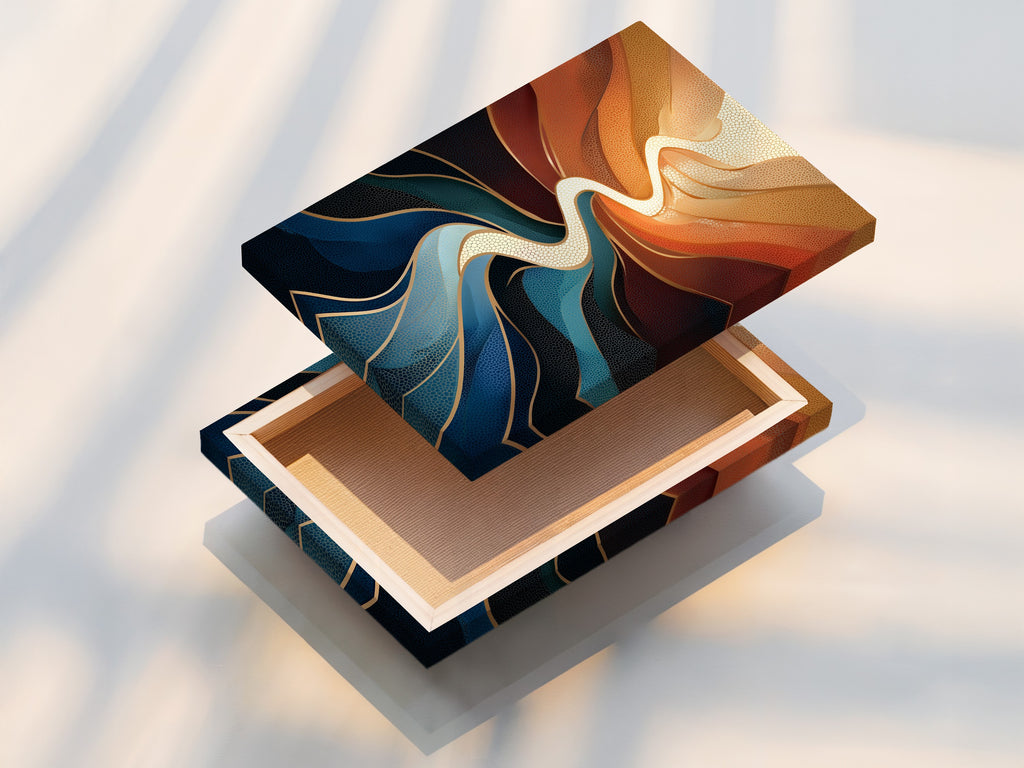 A stretched canvas print of the Abstract River artwork. The teal orange fluid art is ready to hang. Stretched canvas provides a clean modern look. Perfect for living rooms bedrooms and office spaces.