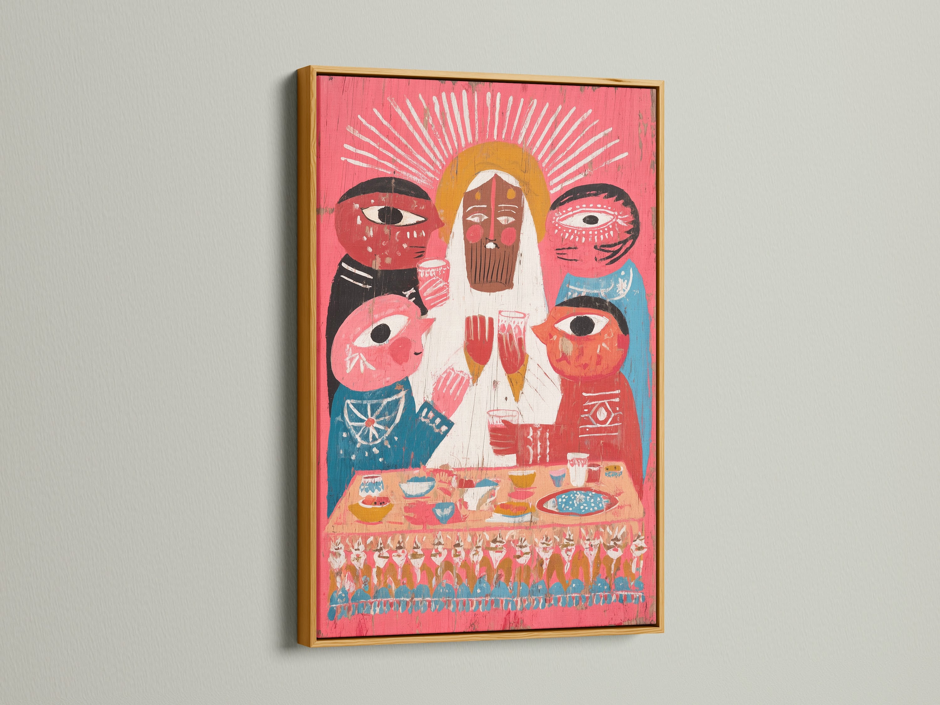 The Religious Family Art is showcased in a gold frame. The Modern Folk Wall Art adds color to any room. The Folk Canvas Art makes it a unique spiritual piece. This is spiritual art.