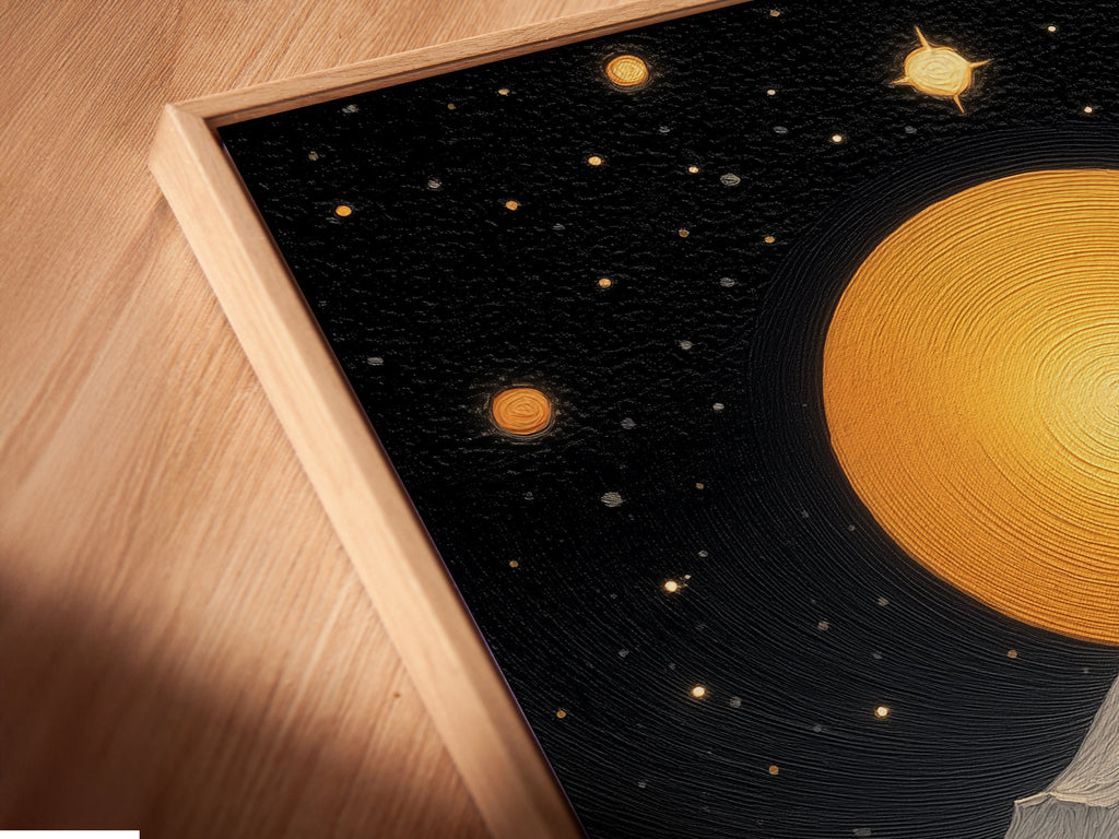 Close up of a canvas print featuring a mountain moon in a floating frame. The celestial wall art enhances any space. This cosmic landscape poster is perfect for bedroom wall decor. Its modern look suits minimalist and contemporary styles.