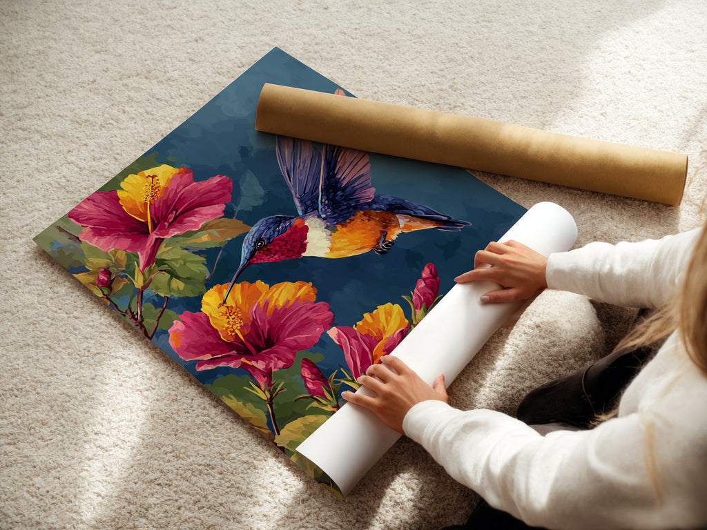 A woman is carefully rolling a fine art poster paper. The paper is high-quality and ready for printing. Our fine art posters are perfect for any art enthusiast. Experience the beauty and detail of our art prints. Shop posters now.