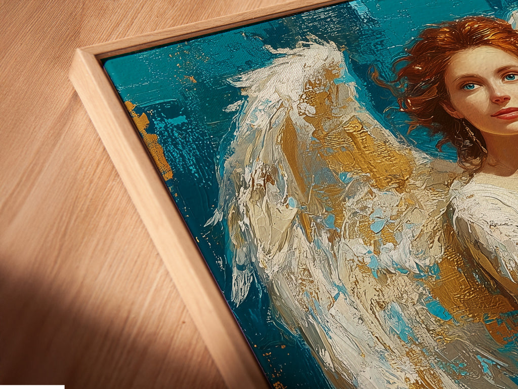A close-up angled view reveals a canvas print in a floating frame. The floating frame gives the artwork a modern and sophisticated appearance. Experience the unique presentation of art with our floating frames. They create a stunning visual effect.