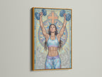 Christian Gym Wall Art in a gold frame. This motivational artwork features a woman lifting weights. A cross and stained glass design are in the background. Perfect spiritual workout canvas for home gym decor. Find religious gym art here.