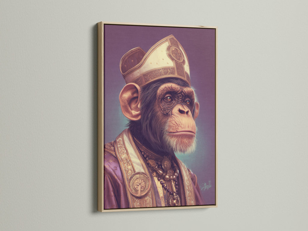The chimp pope artwork is showcased in an oak frame. The natural wood grain enhances the art's rich colors and intricate details. This monkey bishop canvas print offers a unique blend of religious satire and animal portraiture. It is perfect for creating a conversation piece in your living room or study.