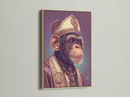 The chimp pope artwork is showcased in an oak frame. The natural wood grain enhances the art's rich colors and intricate details. This monkey bishop canvas print offers a unique blend of religious satire and animal portraiture. It is perfect for creating a conversation piece in your living room or study.