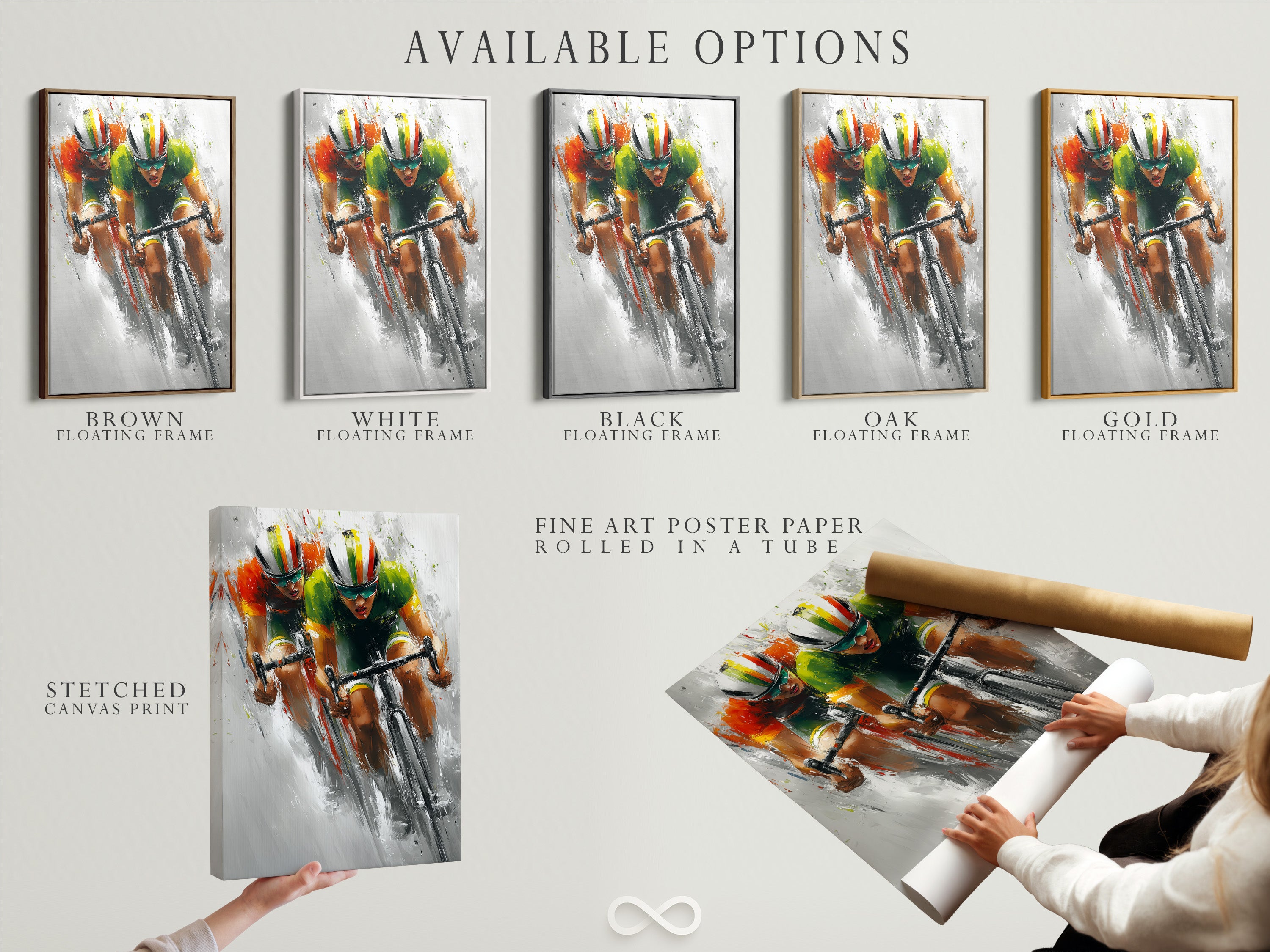 Explore available options for your artwork. Choose from a stretched canvas print. There is fine art poster paper. A floating frame can also be added. Customize your art to match your style and preferences. Make it your own.