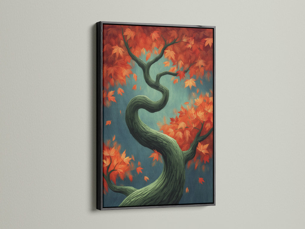 Japanese style Autumn Tree Canvas Print with fall foliage. The art has teal and orange colors. It is displayed in a black frame. Use this nature canvas art for living room wall art. It brings a calming zen atmosphere to your home decor.