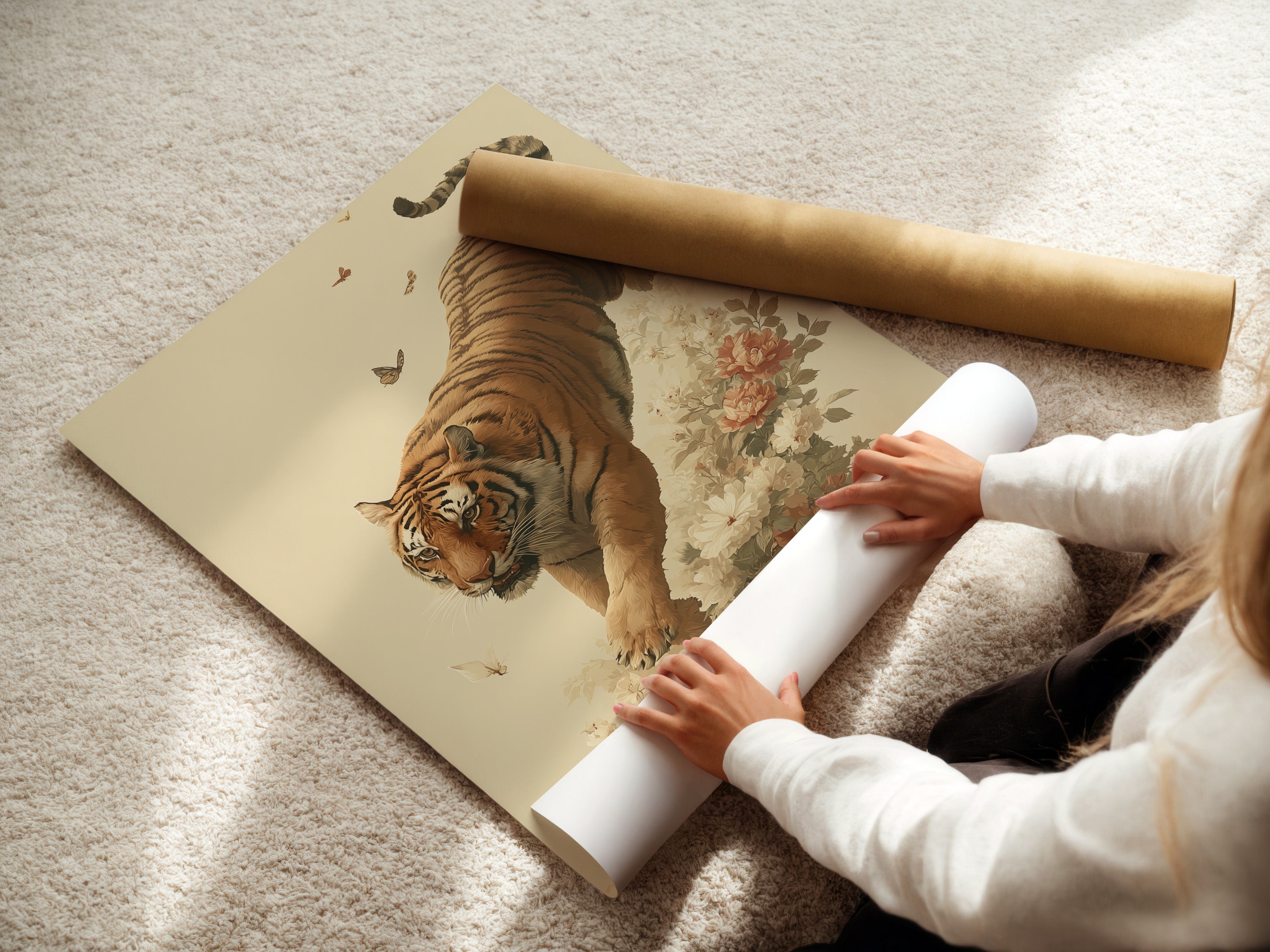A woman carefully rolls a fine art poster paper featuring a vintage tiger. This botanical tiger art print is perfect for those who appreciate traditional artwork. The fine art poster paper ensures high-quality reproduction of the artwork. Ideal for adding asian wall art to your home office or studio.