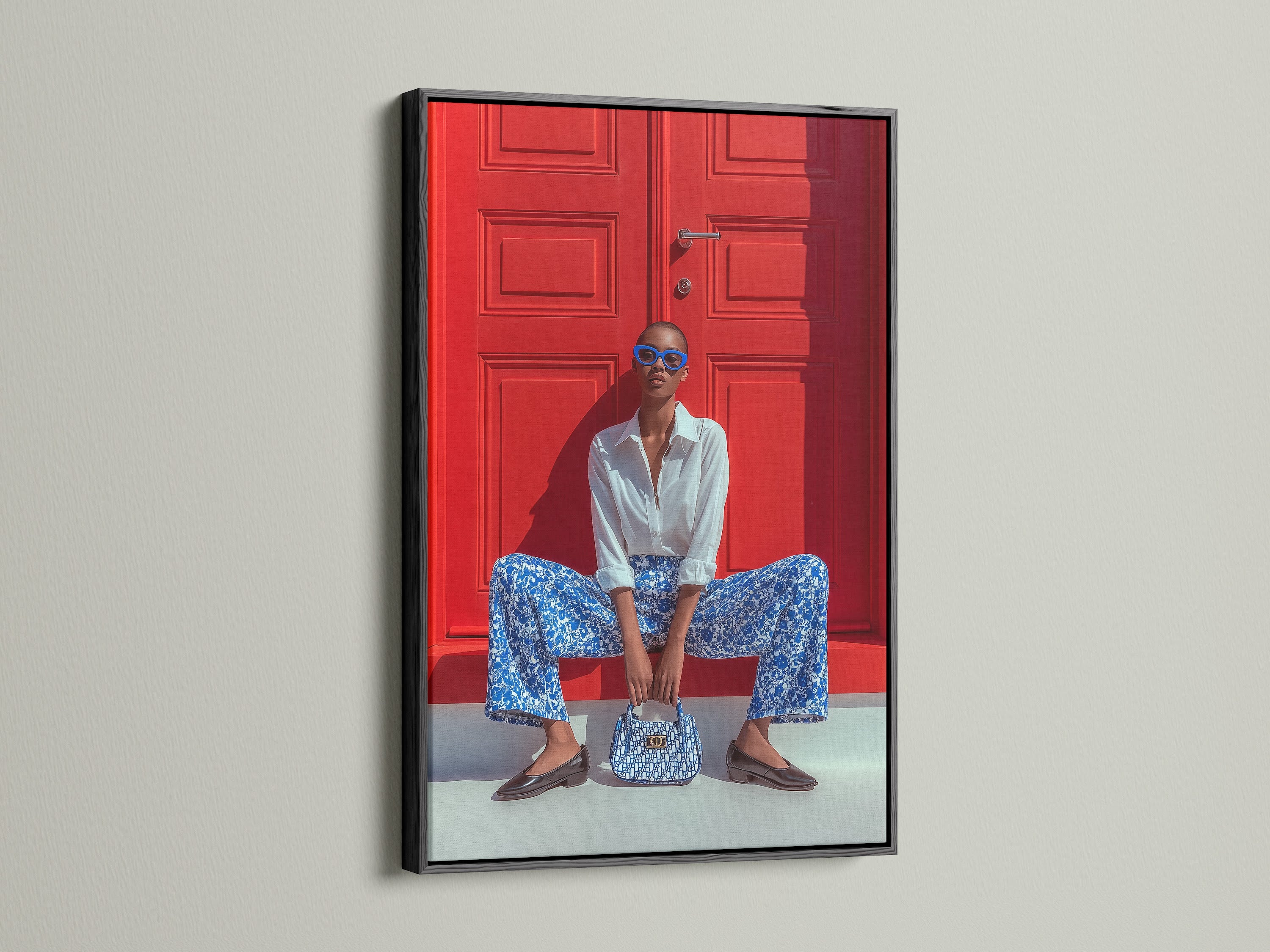 Fashion Photography Print - Blue Pattern Outfit Red Door Portrait, Modern Wall Art, Contemporary Home Decor, Style Statement