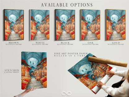 Available options for the Spice Market artwork. Choose from stretched canvas prints fine art poster paper or floating frame options. Customize your art to match your style. Enhance your decor with this piece.